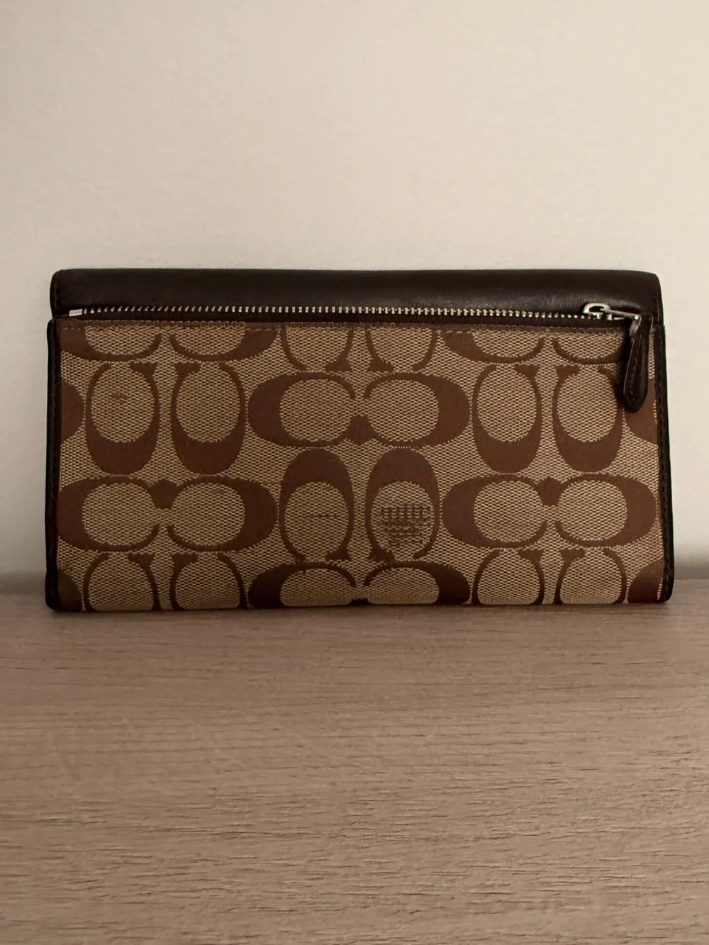 Coach Brown Signature Canvas Trifold Wallet with Leather Trim & Carriage Logo
